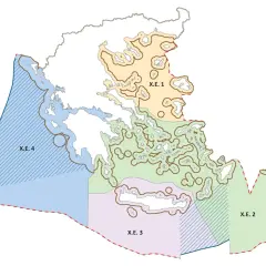 Mapa Grecji z zaznaczonymi strefami X.E. 1, X.E. 2, X.E. 3 i X.E. 4.